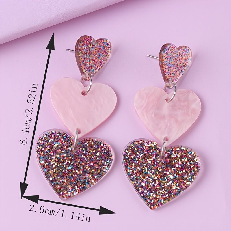 2pc Gradient Color Sparkling Heart Acrylic Drop Earrings for Women